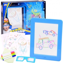 Tablette à dessin rétroéclairée avec lunettes 3D et feutres néon – Bleu