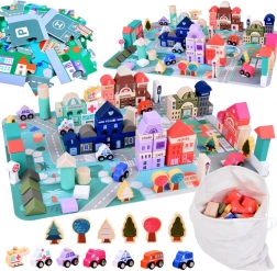 Pastelkleurige houten set Stad met puzzel-speelmat