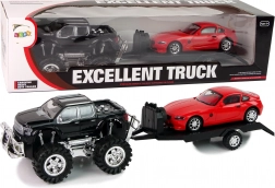 Sada vozidel – černý monster truck s odtahovým přívěsem a sportovní auto 58 cm