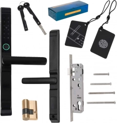 Smart door lock with keypad, fingerprint, and card