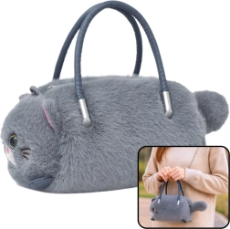 Plush cat-shaped handbag, gray with handles and chain