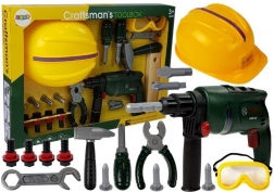 Súprava detských dielenských nástrojov s vŕtačkou, ochrannými okuliarmi a helmou