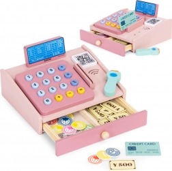 Cassa di legno per bambini con scanner, monete e carta di pagamento