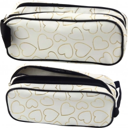 Astuccio scolastico bianco con cuori d'oro a due scomparti