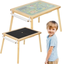 wooden creative 4-in-1 table with chalkboard, city map and paper roll holder WOOPIE GREEN