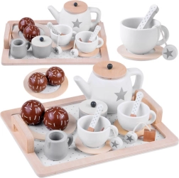 Wooden tea set with stars, beige-white, on a tray
