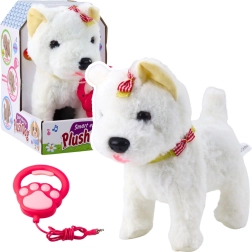 Interactive plush puppy on a leash with bows – white