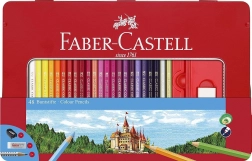 FABER-CASTELL hatszögletű fa színesceruzák, 48 db, fémtokban, hegyezővel, radírral és grafitceruzákkal