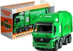 Large green children's garbage truck with opening dump bed and clip-on bin