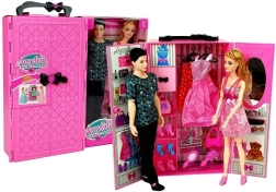 Komplet punčk deček in deklica z garderobno omaro in oblačili v kovčku