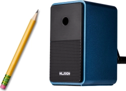 Crank pencil sharpener with container and blade length adjustment, blue