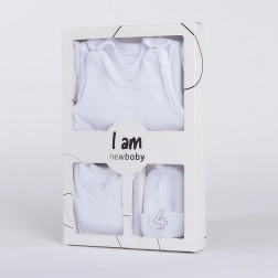 4-piece newborn hospital set NEW BABY I AM, white, 100% cotton