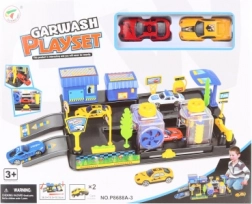 Autowasstraat voor speelgoedauto’s met tankstation en 2 sportwagens