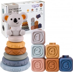 Cubes sensoriels et anneaux empilables 3-en-1 en silicone souple avec koala WOOPIE