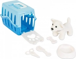 Dog in a blue carrier box