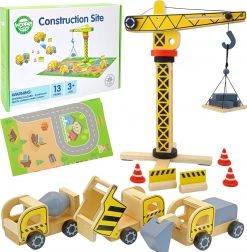 Wooden construction set 5-in-1 with crane and construction vehicles WOOPIE GREEN