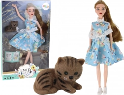 Dukke Emily forår med langt hår i blå kjole og killing