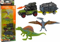 Dinosaur set with car, rocket launcher, and trailer with cage