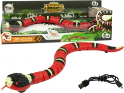 Interactive touch-activated snake, red with black stripes