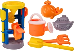Velik komplet za pesek z mlinčkom, lopatko, grabljicami, zalivalko in modelčki
