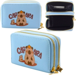 Blue double-compartment wallet with capybara, card slots 12.5 × 8.5 cm