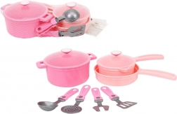pink children's kitchen cookware set in a net