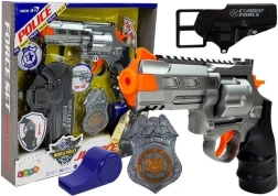 Police set with 20 cm revolver, badge, holster, and whistle with light and sound