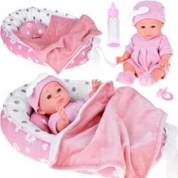 Cloth baby doll with pink nest and accessories