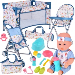 Deluxe-Set Babypuppe mit Kinderwagen, Reisebett, Hochstuhl und Zubehör