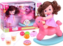 Poupée en robe rose à pois avec cheval à bascule et accessoires