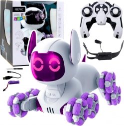 Interactive robotic puppy TOOBY with remote control 4WD, 360°, LED and sounds – white‑purple