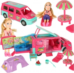 Camping-camper til dukker med tilbehør og pool