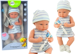 Poupée Bébé en Vêtement Blanc-Bleu avec Bonnet et Tétine