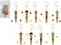 Porte-clés en bois bonhomme avec sifflet 8 cm, assortiment de modèles