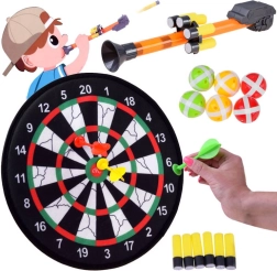 kids’ dart set with hook-and-loop target, foam darts, balls, and blowpipe