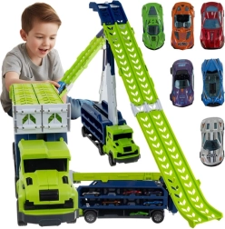 Vrachtwagen met glijbaan en 6 metalen autootjes