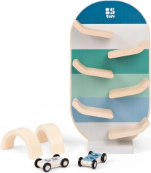 wooden racetrack with toy cars and arches