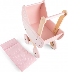 Pink Wooden Stroller for Dolls with Bedding