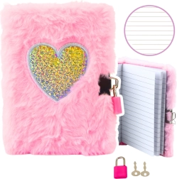 Plysdagbog med lås, lyserødt hjerte A6, 80 ark