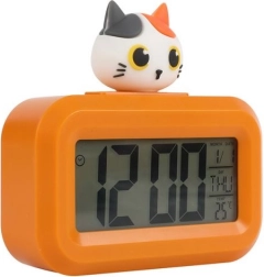 Orange alarm clock with kitten