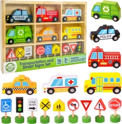 Woopie Green wooden set of vehicles and traffic signs, 15 pieces