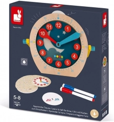 Janod wooden educational clock with wipe-clean cards
