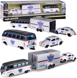 Maisto metalen set 1:64 – Volkswagen Van Samba met aanhanger en Volkswagen Beetle