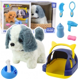 Interactive Plush Puppy with Sounds and Walking, with Carrier and Accessories, Gray-White