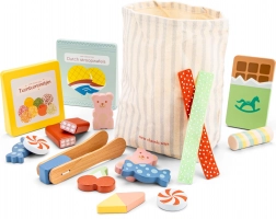 Fából készült édességkészlet táskával és csipesszel