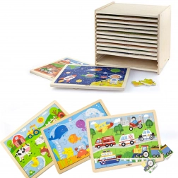 Puzzle en bois Viga – set de 12 puzzles encadrés de 24 pièces sur support