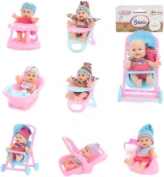 Pop/baby met accessoires, kunststof, stevig lichaam, 11 cm, in net