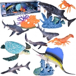 Set of Sea Animals Figures with Sharks and Corals