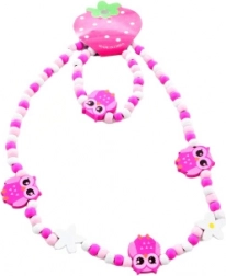 Sæt med halskæde og armbånd med små ugler af træperler