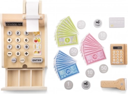 Wooden toy cash register with accessories